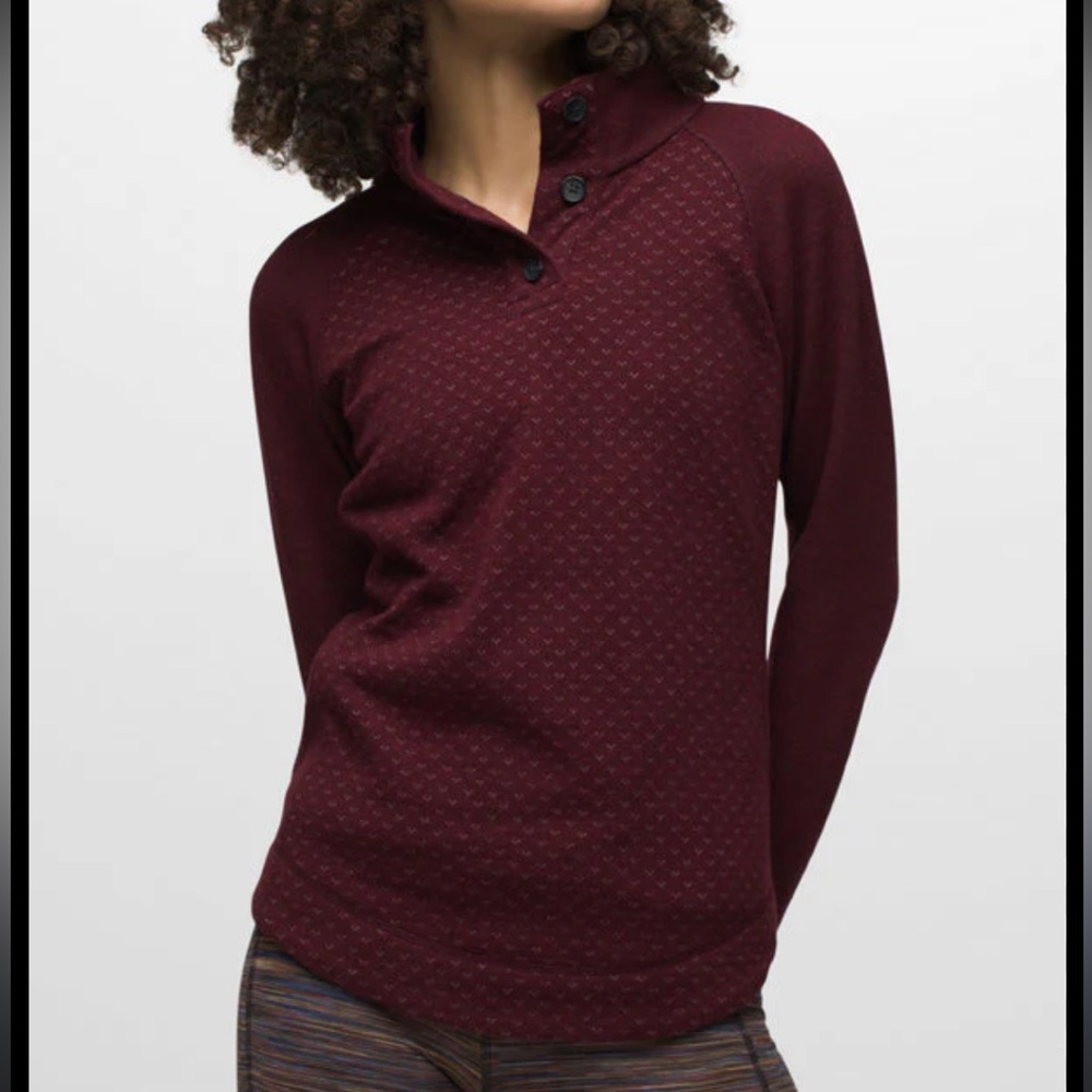 PRANA Button-Neck Long Sleeve Pullover in Deep Burgundy